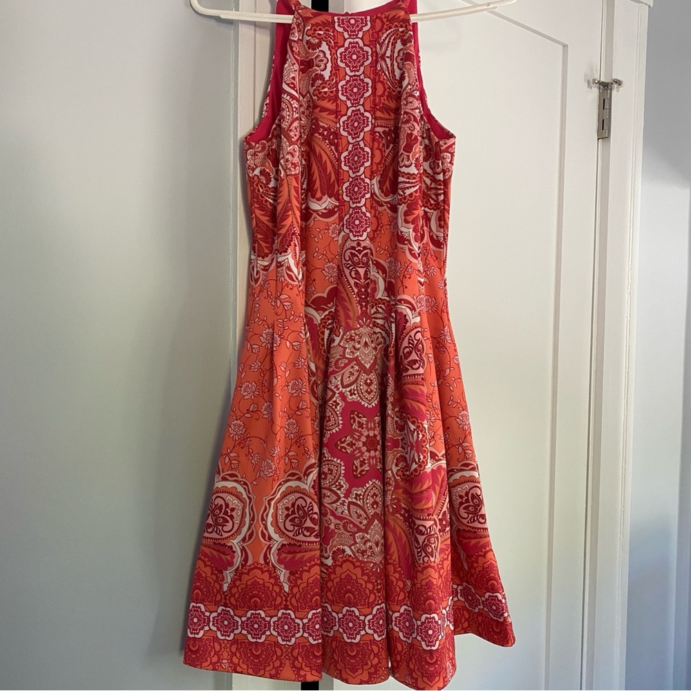 Vince Camuto Fit and Flare Orange and Pink Patterned Dress with pockets - size 8